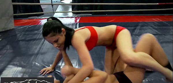  Euro babes scissoring in the wrestling ring
